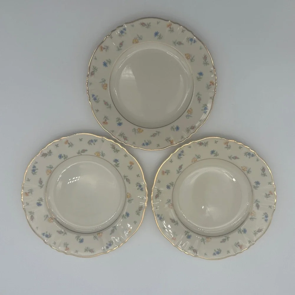 3 Syracuse China Suzanne Federal Shape Bread Plates Floral Gold 6.25
